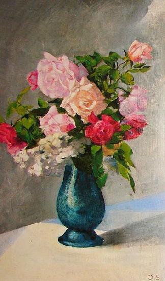 Oskar Schlemmer A vase of gladiolus and dalias. oil painting image